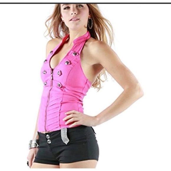 Halter with military button detailing zip front Size Small Black - Picture 7 of 8